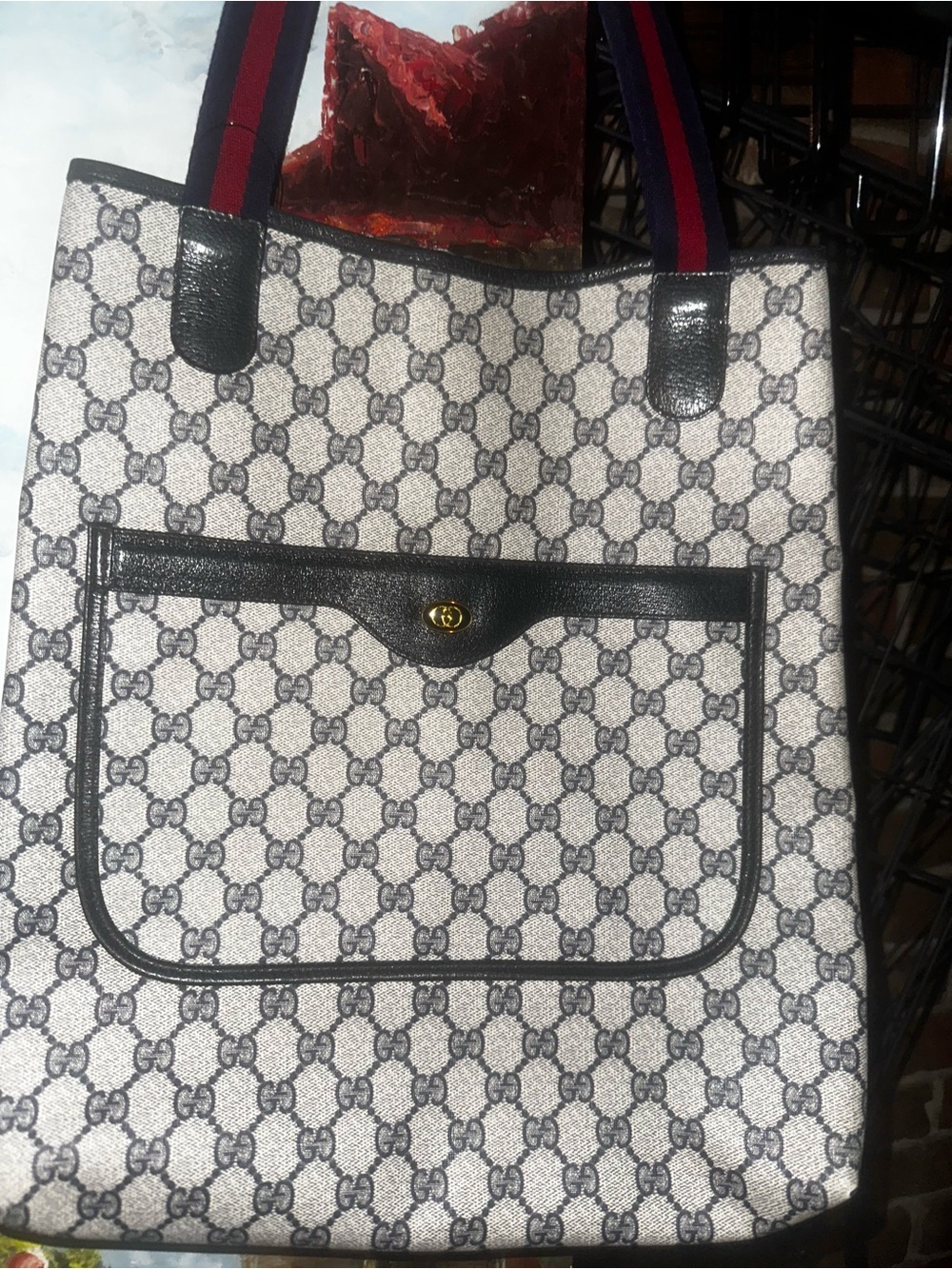 Gucci Beige/Black Monogram Canvas Tote with Web Stripe Handles